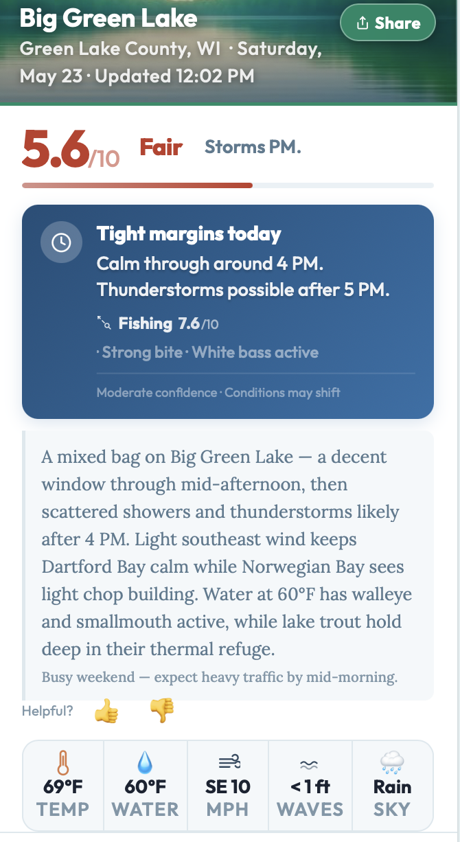Glassy daily briefing showing Today's Lake Score and Best Window.